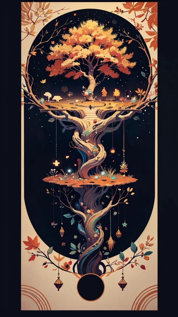 circular tree,four seasons,spring,summer,autumn,winter,leaves,roots,branches,trunk,ornate border,decorative,digital illustration,artwork,movement,time,swirling background,dark background,vibrant colors,natural,life cycle,growth,change,nature,life,peace,harmony,spirituality,symbolism,digital art,illustration,painting,graphic design,art,design,digital media,online art,visual art,fine art,fantasy