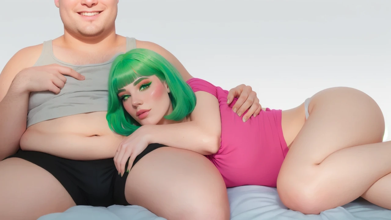 a girl with green hair lies on a man's stomach, Ultra-realistic