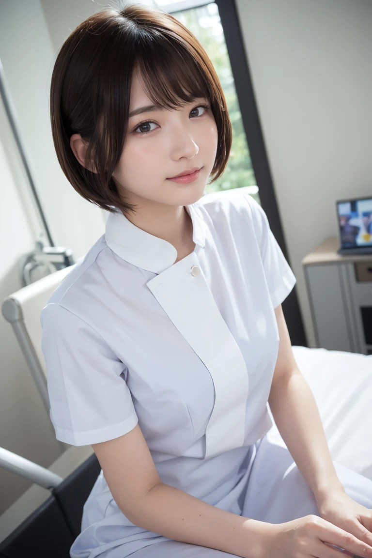 1 Girl,(Wearing white nurse clothes:1.2),(RAW Photos, Highest quality), (Realistic, photo-Realistic:1.4), masterpiece, Very delicate and beautiful, Very detailed, 2k wallpaper, wonderful, finely, Very detailed CG unity 8k wallpaper, Very detailedな, High resolution, Soft Light, Beautiful detailed girl, Very detailed eyes and face, Beautiful and detailed nose, finely beautiful eyes, nurse, Perfect Anatomy, Black Hair, Upstyle, nurse uniform,  Long skirt, nurse, White costume, thin, hospital, clear, White Uniform, hospital room, Neck auscultation,Bobcut、Flip up the skirt、20th Generation、smile
