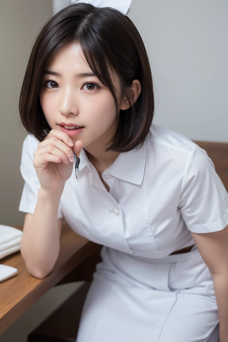1 Girl,(Wearing white nurse clothes:1.2),(RAW Photos, Highest quality), (Realistic, photo-Realistic:1.4), masterpiece, Very delicate and beautiful, Very detailed, 2k wallpaper, wonderful, finely, Very detailed CG unity 8k wallpaper, Very detailedな, High resolution, Soft Light, Beautiful detailed girl, Very detailed eyes and face, Beautiful and detailed nose, finely beautiful eyes, nurse, Perfect Anatomy, Black Hair, Upstyle, nurse uniform,  Long skirt, nurse, White costume, thin, hospital, clear, White Uniform, hospital room, Neck auscultation,Bobcut、Flip up the skirt、20th Generation、smile、I have a  on my face、There&#39;s liquid on my face、There&#39;s liquid on my face、There&#39;s liquid on my face、Lying in bed、
