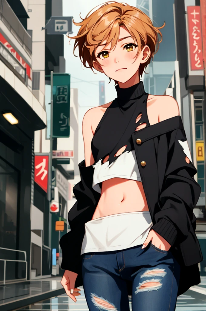 Hoshizora rin, Best Quality,(beauty), 1girl,phisically-based render ,ultra highres,(cowboy shot:1.5),narrow waist, skinny, big eyes,long legs,torn jeans,leather belt,small breasts,puffy eyes, leather belt,(rainy city), shiny skin, facing viewer, Victory posture,(midriff:0.7), sweating, flying sweat drops,torn top,off shoulder,(torn clothes:1.3)