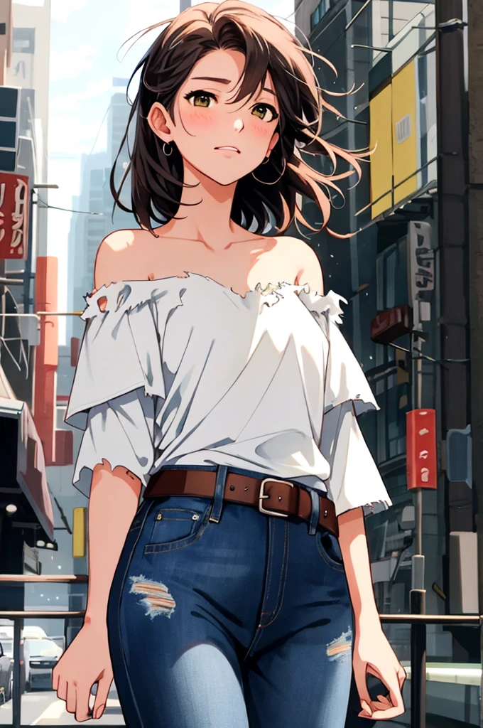 Hoshizora rin, Best Quality,(beauty), 1girl,phisically-based render ,ultra highres,(cowboy shot:1.5),narrow waist, skinny, big eyes,long legs,torn jeans,leather belt,small breasts,puffy eyes, leather belt,(rainy city), shiny skin, facing viewer, Victory posture,(midriff:0.7), sweating, flying sweat drops,torn top,off shoulder,(torn clothes:1.3)