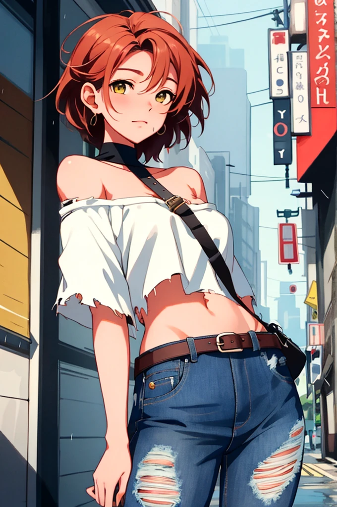 Hoshizora rin, Best Quality,(beauty), 1girl,phisically-based render ,ultra highres,(cowboy shot:1.5),narrow waist, skinny, big eyes,long legs,torn jeans,leather belt,small breasts,puffy eyes, leather belt,(rainy city), shiny skin, facing viewer, Victory posture,(midriff:0.7), sweating, flying sweat drops,torn top,off shoulder,(torn clothes:1.3)