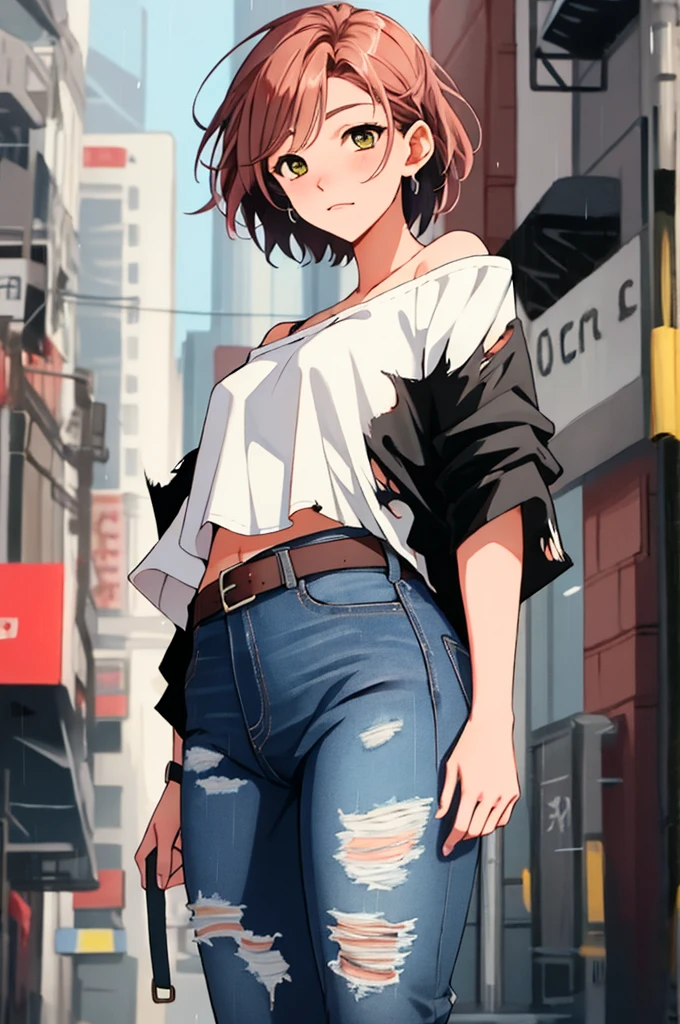 Hoshizora rin, Best Quality,(beauty), 1girl,phisically-based render ,ultra highres,(cowboy shot:1.5),narrow waist, skinny, big eyes,long legs,torn jeans,leather belt,small breasts,puffy eyes, leather belt,(rainy city), shiny skin, facing viewer, Victory posture,(midriff:0.7), sweating, flying sweat drops,torn top,off shoulder,(torn clothes:1.3)