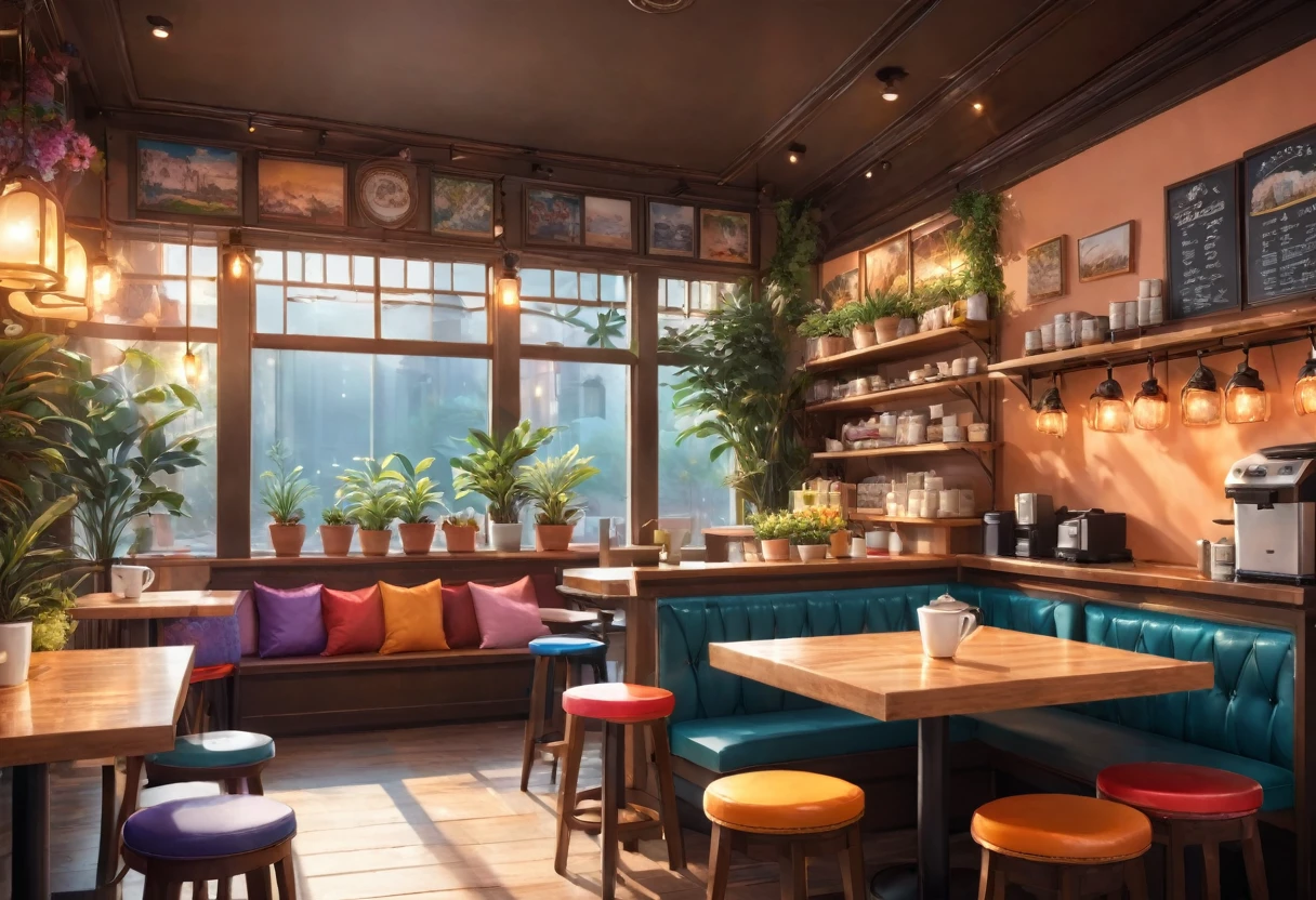 Anime-style, the interior of a coffee shop is illustrated with intricate details and vibrant colors. Delicate steam rises from the hot cappuccino coffee on the table, seats are with soft and colorful cushions, a lot of potted plants, adding to the cozy and inviting atmosphere. Soft lighting casts a warm and beautiful glow over the dreamy scene, it's evening time, making it an ideal place to unwind and escape reality. (Prompt B and C) Anime-style coffee shop interior, hot coffee steaming on the table, creating a cozy, beautiful and dreamy ambiance. (High resolution, 8k) Super detailed anime illustration of a coffee shop interior, showcasing a hot cup of coffee on a table, evoking a warm and cozy