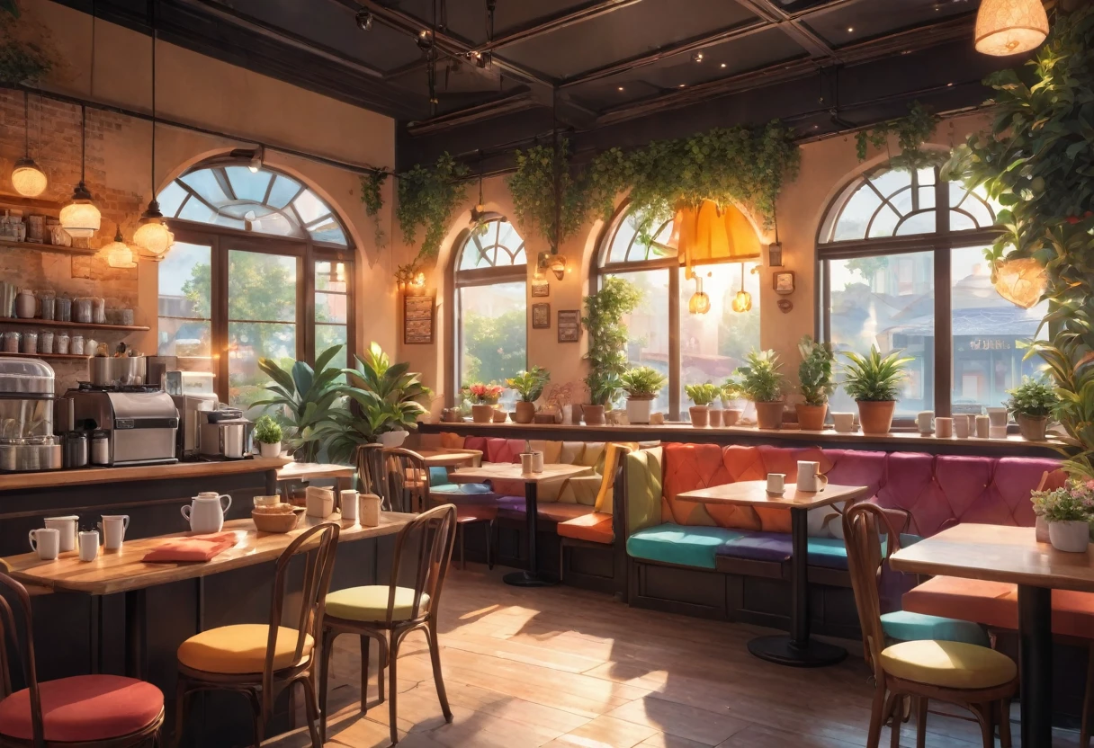 Anime-style, the interior of a coffee shop is illustrated with intricate details and vibrant colors. Delicate steam rises from the hot cappuccino coffee on the table, seats are with soft and colorful cushions, a lot of potted plants, adding to the cozy and inviting atmosphere. Soft lighting casts a warm and beautiful glow over the dreamy scene, it's evening time, making it an ideal place to unwind and escape reality. (Prompt B and C) Anime-style coffee shop interior, hot coffee steaming on the table, creating a cozy, beautiful and dreamy ambiance. (High resolution, 8k) Super detailed anime illustration of a coffee shop interior, showcasing a hot cup of coffee on a table, evoking a warm and cozy