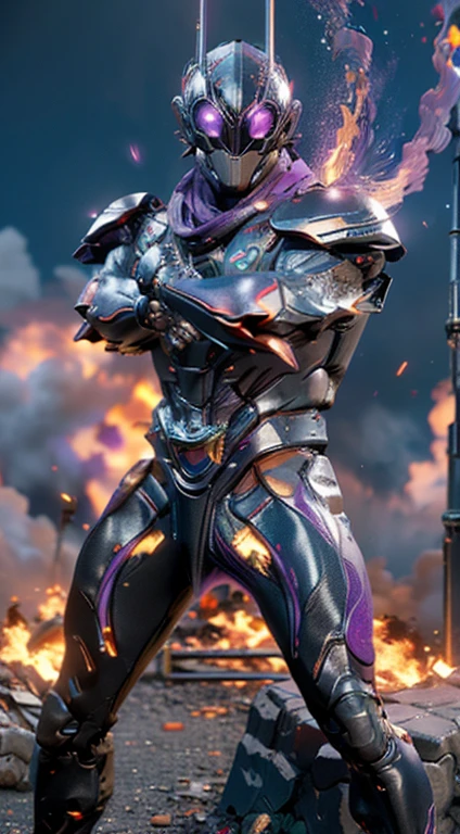 (kamen rider, (close up punch to viewer), full body detailed, detailed hands, good fingers, good hands, good legs, scarf, low hood, ruins, floating, explosion, debris, some fire and glitter background, ((purple glowing core in armor)), ultra hd, ultra realistic texture, (flare lens:1.2), (long shot:0.9)