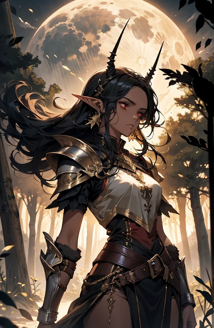 brown skin, older woman, sexy, tall, brown skin, bored, one wing, black hair, elf, elf ears, horns, red eyes, sleeveless, black armor, yellow, night, moon, forest, dramatic composition