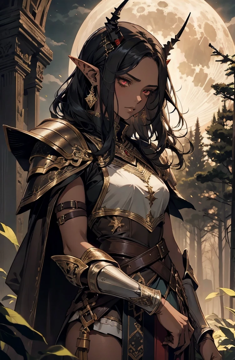 brown skin, older woman, sexy, tall, brown skin, bored, one wing, black hair, elf, elf ears, horns, red eyes, sleeveless, black armor, yellow, night, moon, forest, dramatic composition