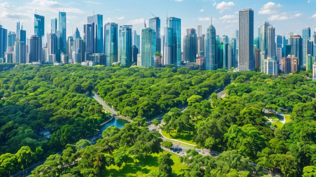 a beautiful big city in the middle of nature, a large metropolis surrounded by lush vegetation, skyscrapers among towering trees, modern architecture that blends perfectly with natural landscapes, a vibrant urban landscape with parks and gardens, a bustling urban oasis, urban landscape , cityscape, photorealistic, 8k, high quality,