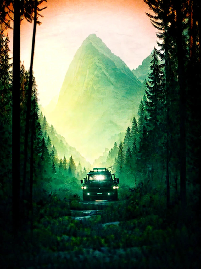 A rugged orange 4x4 vehicle drives through a muddy, rocky path in a lush, green jungle. Rain is falling, and the vehicle is covered in mud. The image is framed by tall trees and mountains in the distance. Write without spelling mistake, The text "ONE LIFE LIVE IT" is superimposed on the image.The mood is adventurous and exciting. The style is realistic and cinematic, with a focus on the vehicle and the natural beauty of the surroundings. The image is shot from a low angle, emphasizing the size and power of the vehicle. The lighting is soft and natural, with a focus on the rain and the lush greenery. The colors are vibrant and saturated, with a focus on the orange of the vehicle and the green of the jungle. The image is rendered in high detail, with a focus on the texture of the mud and the leaves. The background is blurred, drawing the viewer's attention to the vehicle and the path ahead.