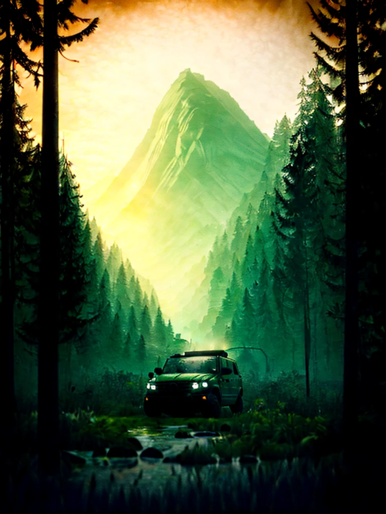 A rugged orange 4x4 vehicle drives through a muddy, rocky path in a lush, green jungle. Rain is falling, and the vehicle is covered in mud. The image is framed by tall trees and mountains in the distance. Write without spelling mistake, The text "ONE LIFE LIVE IT" is superimposed on the image.The mood is adventurous and exciting. The style is realistic and cinematic, with a focus on the vehicle and the natural beauty of the surroundings. The image is shot from a low angle, emphasizing the size and power of the vehicle. The lighting is soft and natural, with a focus on the rain and the lush greenery. The colors are vibrant and saturated, with a focus on the orange of the vehicle and the green of the jungle. The image is rendered in high detail, with a focus on the texture of the mud and the leaves. The background is blurred, drawing the viewer's attention to the vehicle and the path ahead.