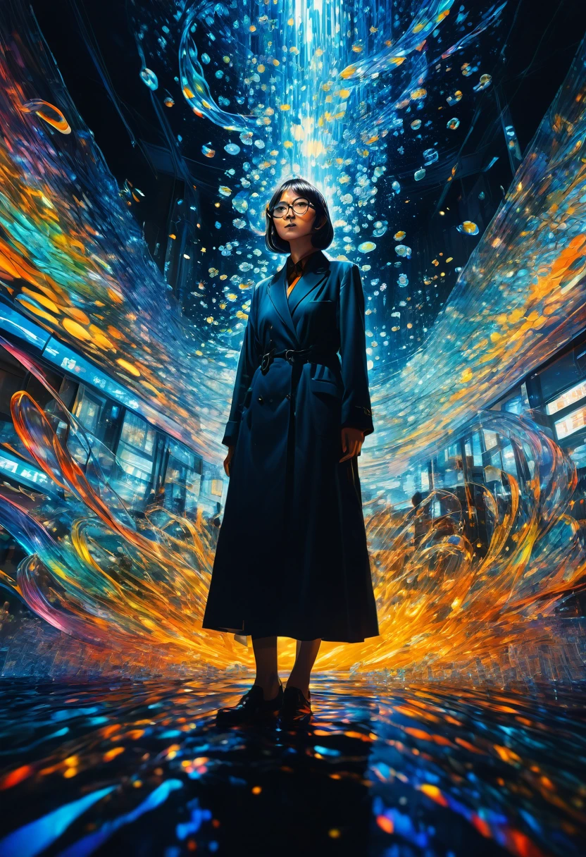 Wearing Glasses, full body, by Chiho Aoshima, dramatic composition, cinematic dynamic action scene, vibrant colors, cinematic lighting, dramatic lighting, best quality, masterpiece, very aesthetic, perfect composition, intricate details, ultra-detailed