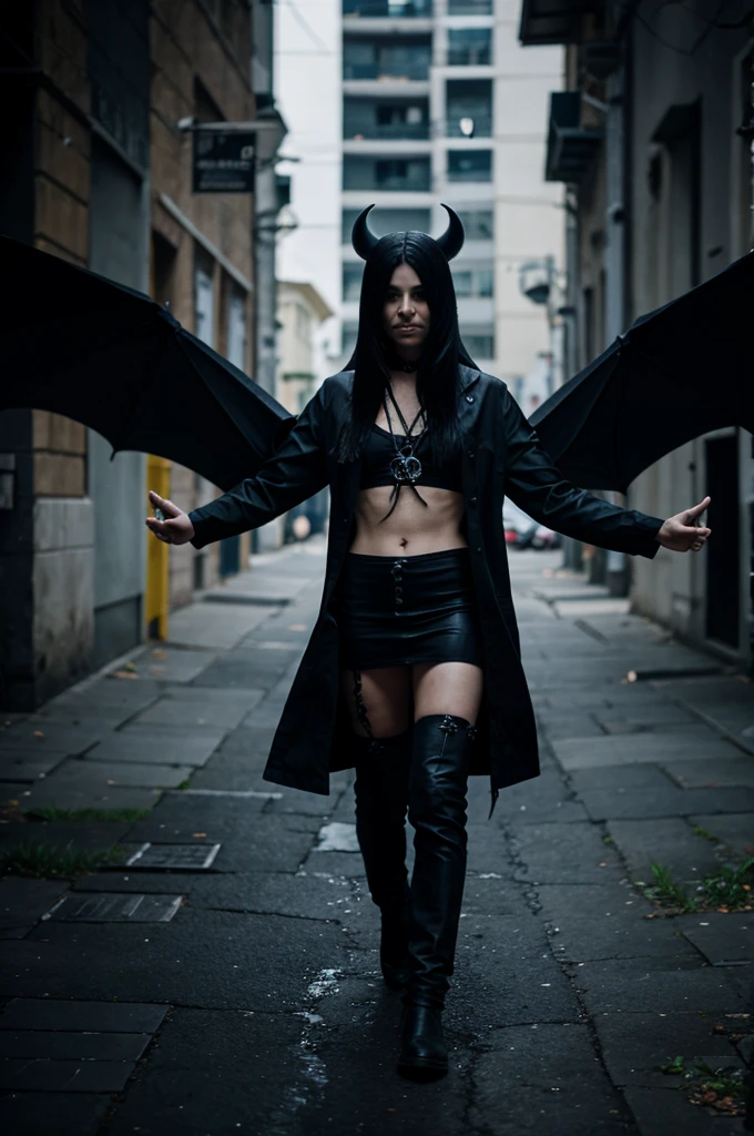 a topless woman with horns and blood on her body in a wet alley, beautiful succubus, succubus | medieval, succubus, diablo 4 lilith, demon girl, beautiful elegant demon queen, demon woman, lilith, demoness, succubus in tight short dress, queen of hell, villainess has black angel wings, diablo 4 queen, raven winged female vampire