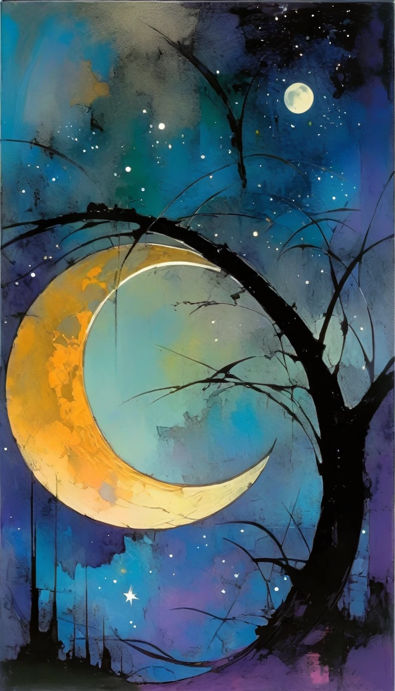 magic, fantastic, night sky, moon, stars, background, (simple oil painting in a style to Bill Sienkiewicz)