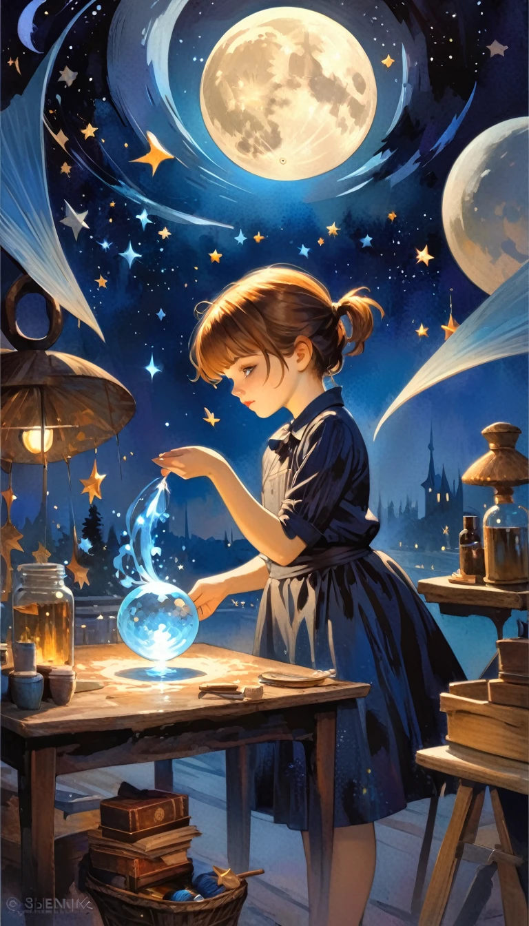 magic, fantastic, night sky, moon, stars, background, (simple oil painting in a style to Bill Sienkiewicz)
