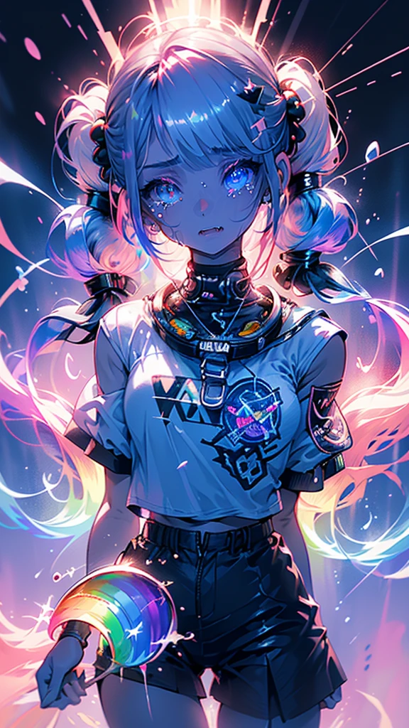 hair bobbles, wince, long eyelashes, solid circle eyes, light smile, ear blush, fang, (((rainbow hair))), makeup, blush, sad, sad smile, drop shadow, anaglyph, atmospheric perspective, 8k, super detail, accurate, best quality, (cyberpunk), bright lighting, masterpiece,1girll, ((((short twintails)))), Colorful hair, flying, pink bows,((16-year-old female model)), (angel halo) , eye level shot, (((astronaut))), (((wide shot))), ((((( color splash ))))), (((ltech savy)))