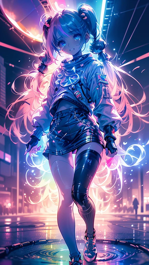hair bobbles, wince, long eyelashes, solid circle eyes, light smile, ear blush, fang, (((rainbow hair))), makeup, blush, sad, sad smile, drop shadow, anaglyph, atmospheric perspective, 8k, super detail, accurate, best quality, (cyberpunk), bright lighting, masterpiece,1girll, ((((short twintails)))), Colorful hair, flying, pink bows,((-yeld fee model)), (angel halo) , eye level shot, (((astronaut))), (((wide shot))), ((((( color splash ))))), (((ltech savy)))