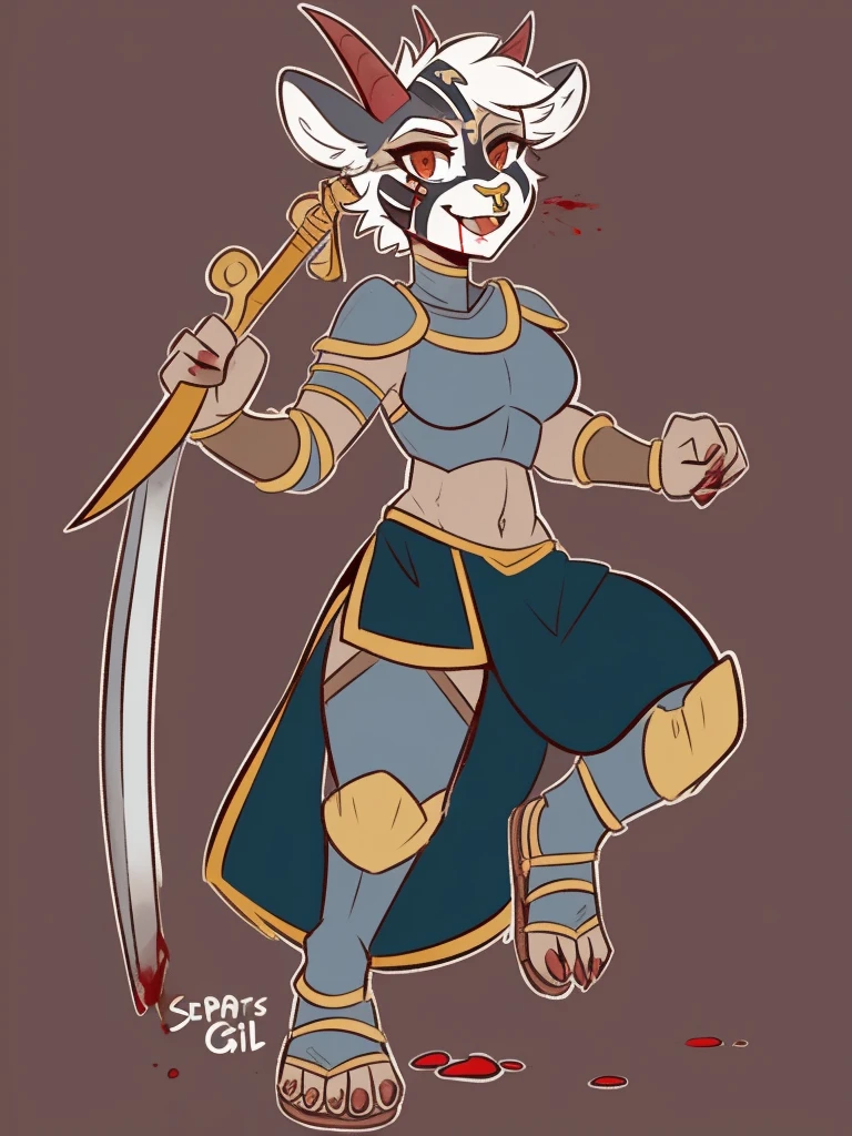 1girl, furry, furry_female, goat_ears, goat_girl, smile, solo, wearing armor, gladiator flat sandals, gladiator skirt, humanoid feet, holding sword, nose ring, septum piercing ring, facepaint, blood from mouth