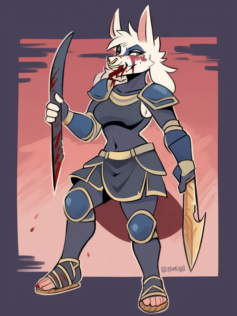 1girl, furry, furry_female, goat_ears, goat_girl, smile, solo, wearing armor, gladiator flat sandals, gladiator skirt, humanoid feet, holding sword, nose ring, septum piercing ring, facepaint, blood from mouth