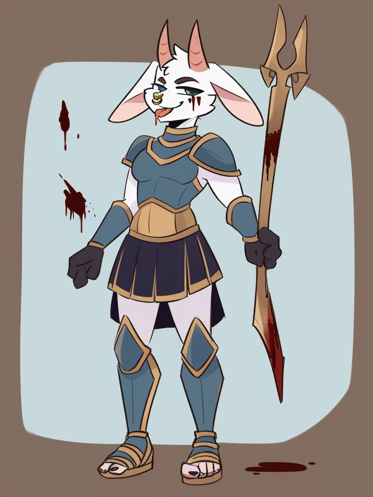 1girl, furry, furry_female, goat_ears, goat_girl, smile, solo, wearing armor, gladiator flat sandals, gladiator skirt, humanoid feet, holding sword, nose ring, septum piercing ring, facepaint, blood from mouth