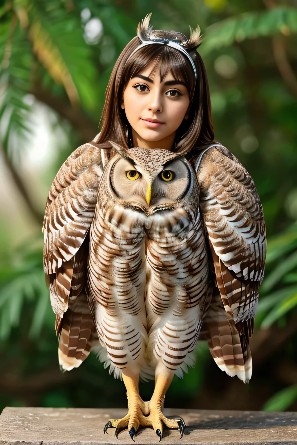 Hansika Motwani is a owl bird, She is a bird but her head looks like girl, from neck to full body looks like owl bird. Owl legs, Owl wings. Bird body, Owl body,   perfect picture, perfect bird, real bird, Real head replace with real Owl head. Exact Bird. Colorful Owl.