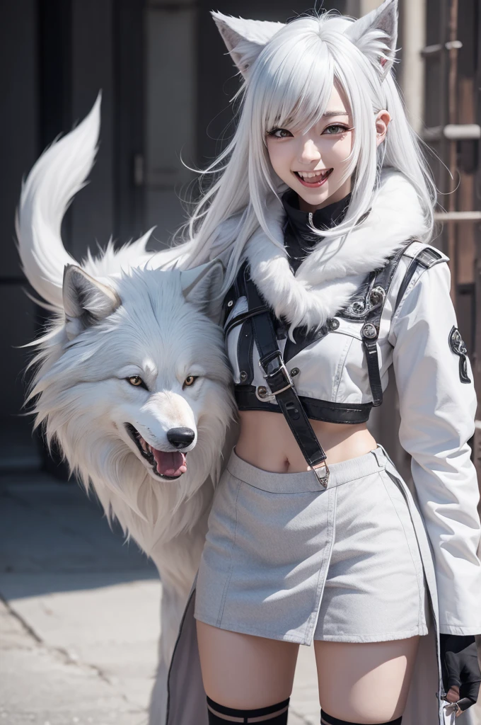 Character playfully styled white hair,wolf's ears,wolf tail,wolf teeth,happy and passionate and anxious