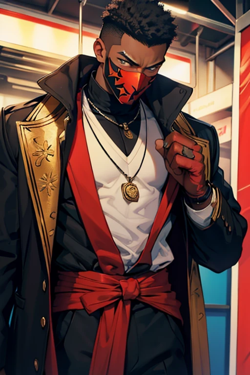 Mace a black circus man who has burns on his face and is wearing a mask