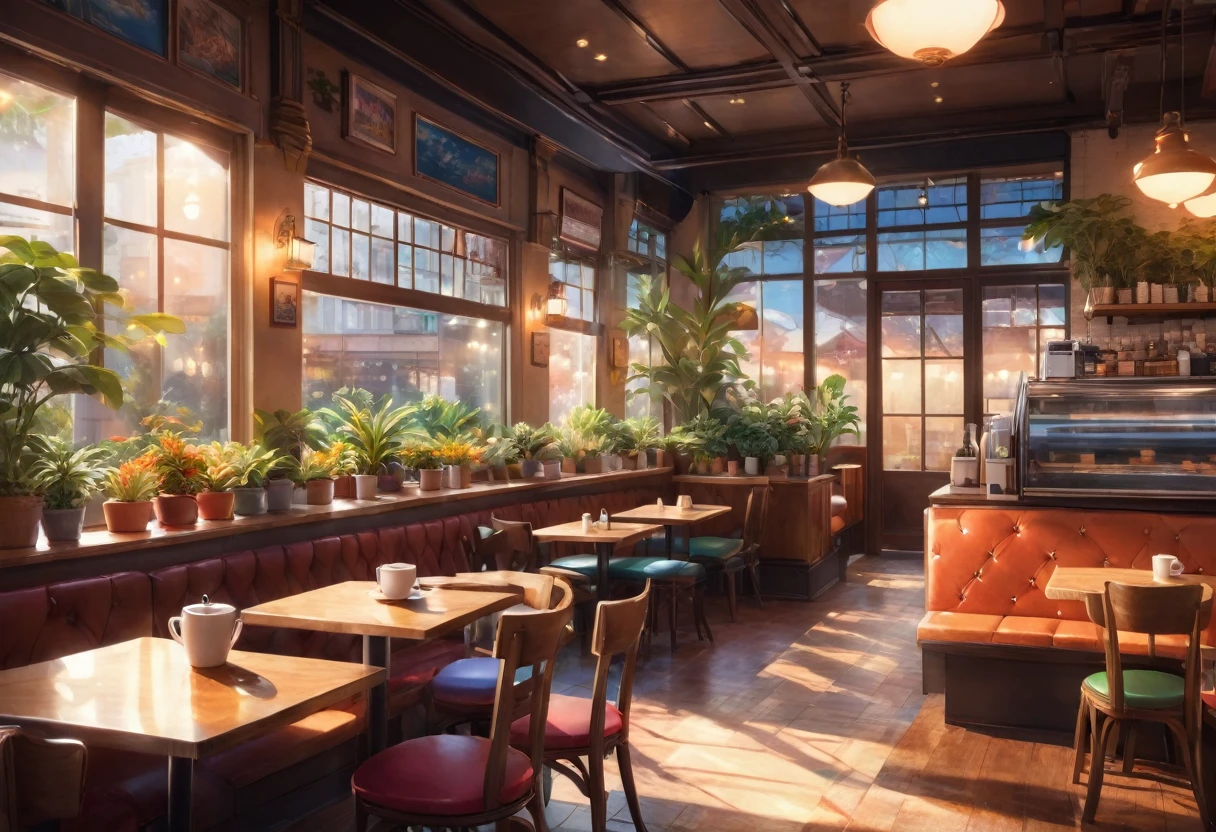 Anime-style, the interior of a coffee shop is illustrated with intricate details and vibrant colors. Delicate steam rises from the hot cappuccino coffee on the table, seats are with soft and colorful cushions, a lot of potted plants, adding to the cozy and inviting atmosphere. Soft lighting casts a warm and beautiful glow over the dreamy scene, it's evening time, making it an ideal place to unwind and escape reality. (Prompt B and C) Anime-style coffee shop interior, hot coffee steaming on the table, creating a cozy, beautiful and dreamy ambiance. (High resolution, 8k) Super detailed anime illustration of a coffee shop interior, showcasing a hot cup of coffee on a table, evoking a warm and cozy