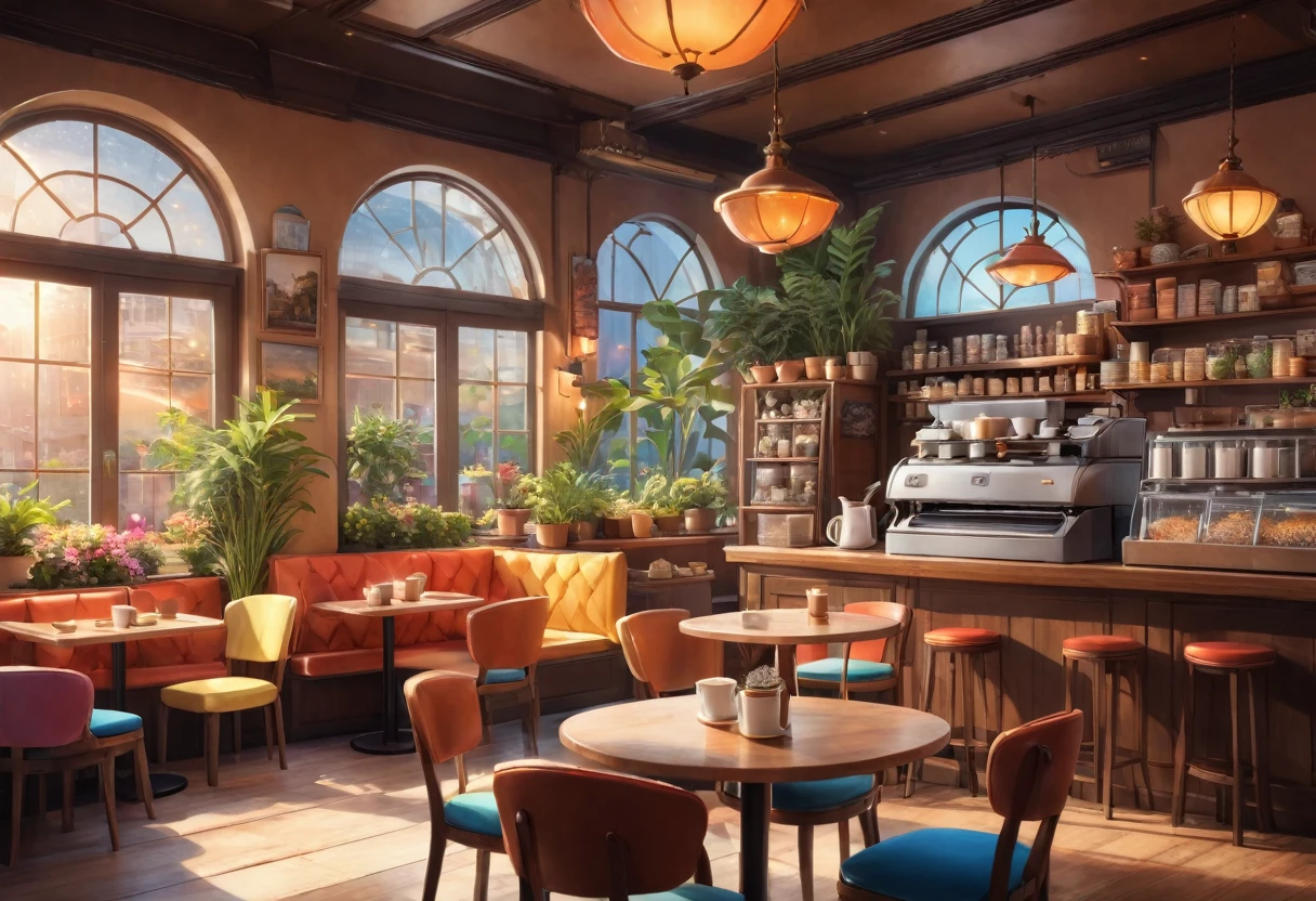 Anime-style, the interior of a coffee shop is illustrated with intricate details and vibrant colors. Delicate steam rises from the hot cappuccino coffee on the table, seats are with soft and colorful cushions, a lot of potted plants, adding to the cozy and inviting atmosphere. Soft lighting casts a warm and beautiful glow over the dreamy scene, it's evening time, making it an ideal place to unwind and escape reality. (Prompt B and C) Anime-style coffee shop interior, hot coffee steaming on the table, creating a cozy, beautiful and dreamy ambiance. (High resolution, 8k) Super detailed anime illustration of a coffee shop interior, showcasing a hot cup of coffee on a table, evoking a warm and cozy