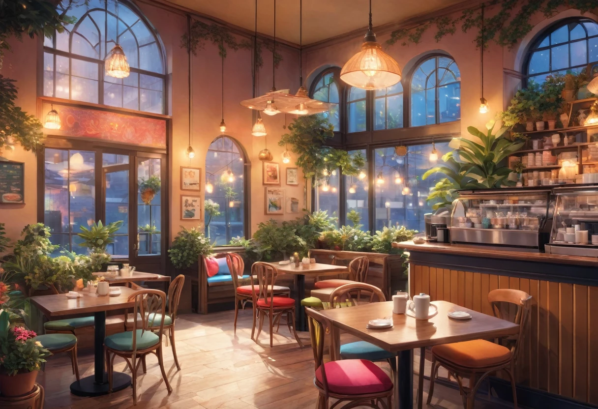 Anime-style, the interior of a coffee shop is illustrated with intricate details and vibrant colors. Delicate steam rises from the hot cappuccino coffee on the table, seats are with soft and colorful cushions, a lot of potted plants, adding to the cozy and inviting atmosphere. Soft lighting casts a warm and beautiful glow over the dreamy scene, it's evening time, making it an ideal place to unwind and escape reality. (Prompt B and C) Anime-style coffee shop interior, hot coffee steaming on the table, creating a cozy, beautiful and dreamy ambiance. (High resolution, 8k) Super detailed anime illustration of a coffee shop interior, showcasing a hot cup of coffee on a table, evoking a warm and cozy