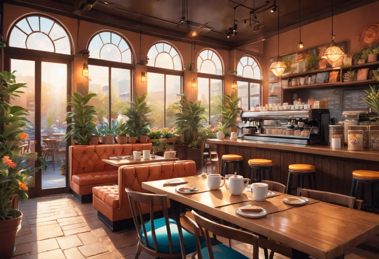 Anime-style, the interior of a coffee shop is illustrated with intricate details and vibrant colors. Delicate steam rises from the hot cappuccino coffee on the table, seats are with soft and colorful cushions, a lot of potted plants, adding to the cozy and inviting atmosphere. Soft lighting casts a warm and beautiful glow over the dreamy scene, it's evening time, making it an ideal place to unwind and escape reality. (Prompt B and C) Anime-style coffee shop interior, hot coffee steaming on the table, creating a cozy, beautiful and dreamy ambiance. (High resolution, 8k) Super detailed anime illustration of a coffee shop interior, showcasing a hot cup of coffee on a table, evoking a warm and cozy