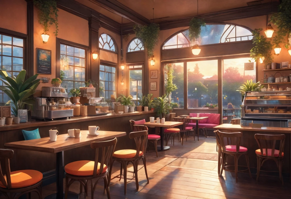 Anime-style, the interior of a coffee shop is illustrated with intricate details and vibrant colors. Delicate steam rises from the hot cappuccino coffee on the table, seats are with soft and colorful cushions, a lot of potted plants, adding to the cozy and inviting atmosphere. Soft lighting casts a warm and beautiful glow over the dreamy scene, it's evening time, making it an ideal place to unwind and escape reality. (Prompt B and C) Anime-style coffee shop interior, hot coffee steaming on the table, creating a cozy, beautiful and dreamy ambiance. (High resolution, 8k) Super detailed anime illustration of a coffee shop interior, showcasing a hot cup of coffee on a table, evoking a warm and cozy