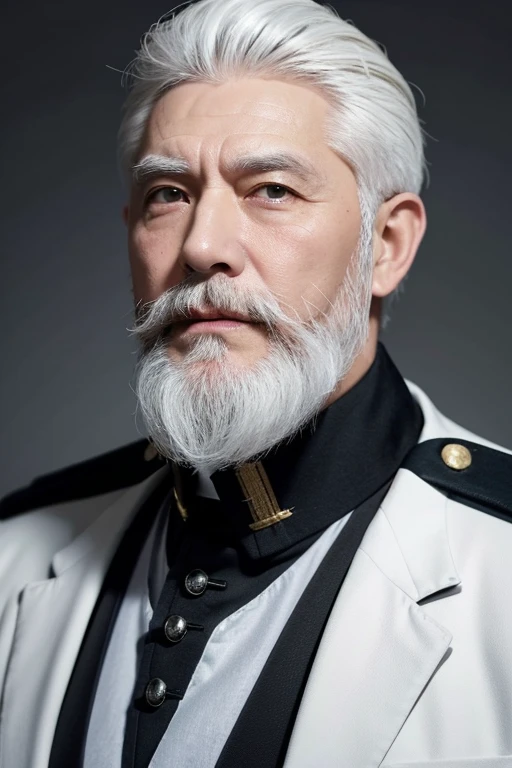 The white hair style is that of a middle-aged soldier in his 50s with short white beard.
