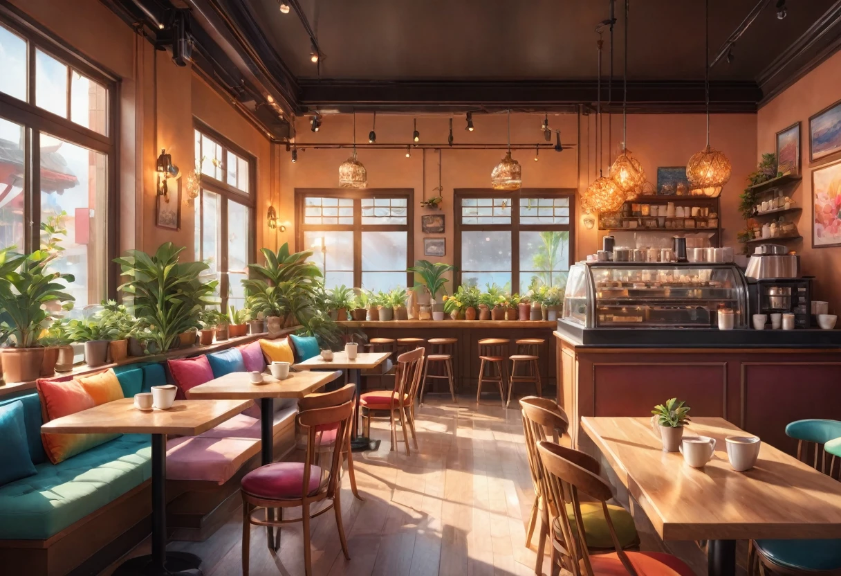 Anime-style, the interior of a coffee shop is illustrated with intricate details and vibrant colors. Delicate steam rises from the hot cappuccino coffee on the table, seats are with soft and colorful cushions, a lot of potted plants, adding to the cozy and inviting atmosphere. Soft lighting casts a warm and beautiful glow over the dreamy scene, it's evening time, making it an ideal place to unwind and escape reality. (Prompt B and C) Anime-style coffee shop interior, hot coffee steaming on the table, creating a cozy, beautiful and dreamy ambiance. (High resolution, 8k) Super detailed anime illustration of a coffee shop interior, showcasing a hot cup of coffee on a table, evoking a warm and cozy