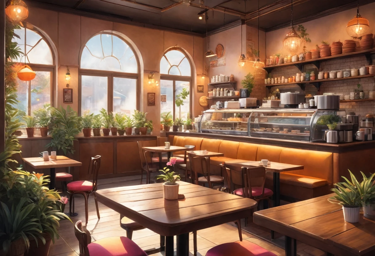 Anime-style, the interior of a coffee shop is illustrated with intricate details and vibrant colors. Delicate steam rises from the hot cappuccino coffee on the table, seats are with soft and colorful cushions, a lot of potted plants, adding to the cozy and inviting atmosphere. Soft lighting casts a warm and beautiful glow over the dreamy scene, it's evening time, making it an ideal place to unwind and escape reality. (Prompt B and C) Anime-style coffee shop interior, hot coffee steaming on the table, creating a cozy, beautiful and dreamy ambiance. (High resolution, 8k) Super detailed anime illustration of a coffee shop interior, showcasing a hot cup of coffee on a table, evoking a warm and cozy