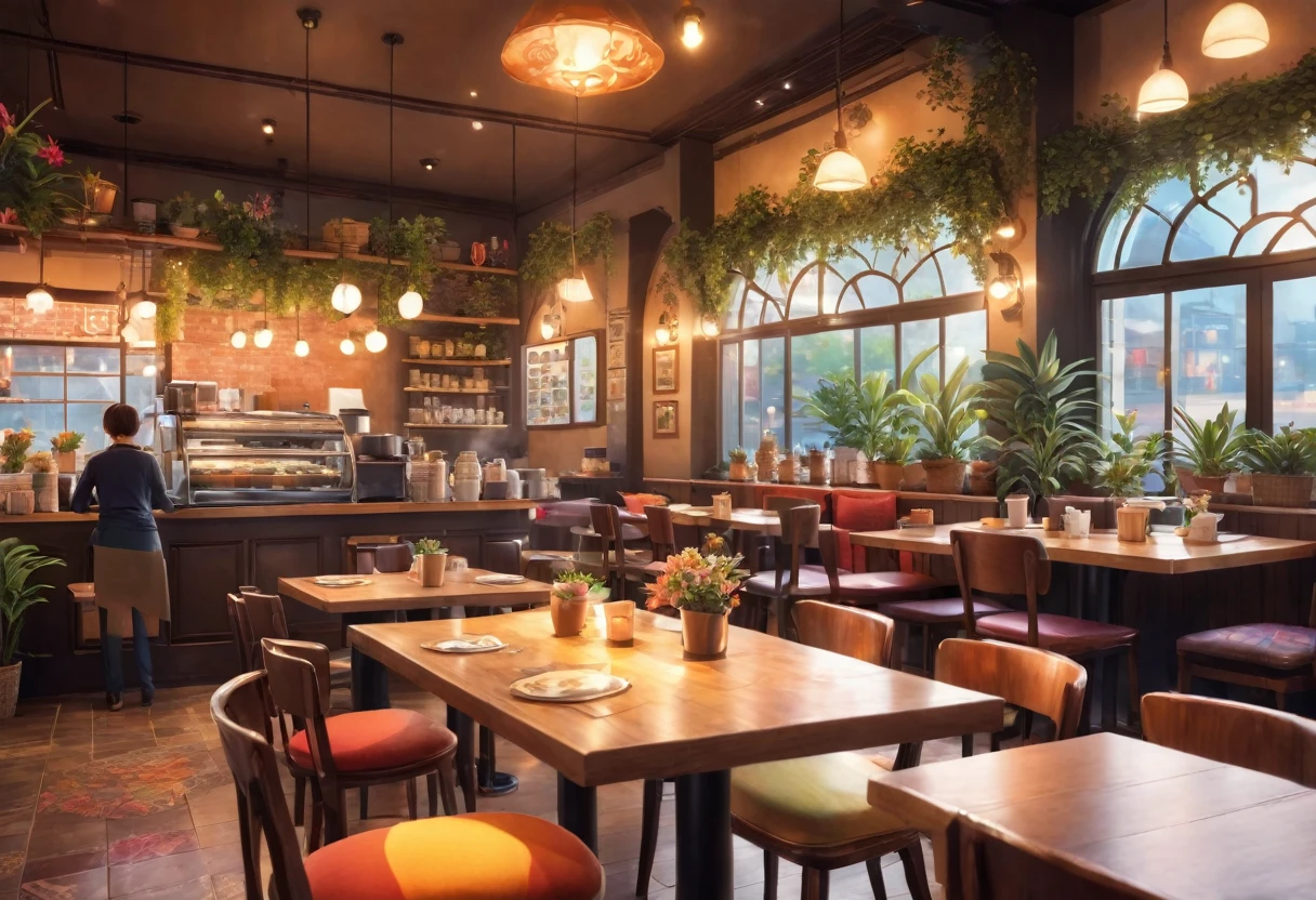 Anime-style, the interior of a coffee shop is illustrated with intricate details and vibrant colors. Delicate steam rises from the hot cappuccino coffee on the table, seats are with soft and colorful cushions, a lot of potted plants, adding to the cozy and inviting atmosphere. Soft lighting casts a warm and beautiful glow over the dreamy scene, it's evening time, making it an ideal place to unwind and escape reality. (Prompt B and C) Anime-style coffee shop interior, hot coffee steaming on the table, creating a cozy, beautiful and dreamy ambiance. (High resolution, 8k) Super detailed anime illustration of a coffee shop interior, showcasing a hot cup of coffee on a table, evoking a warm and cozy