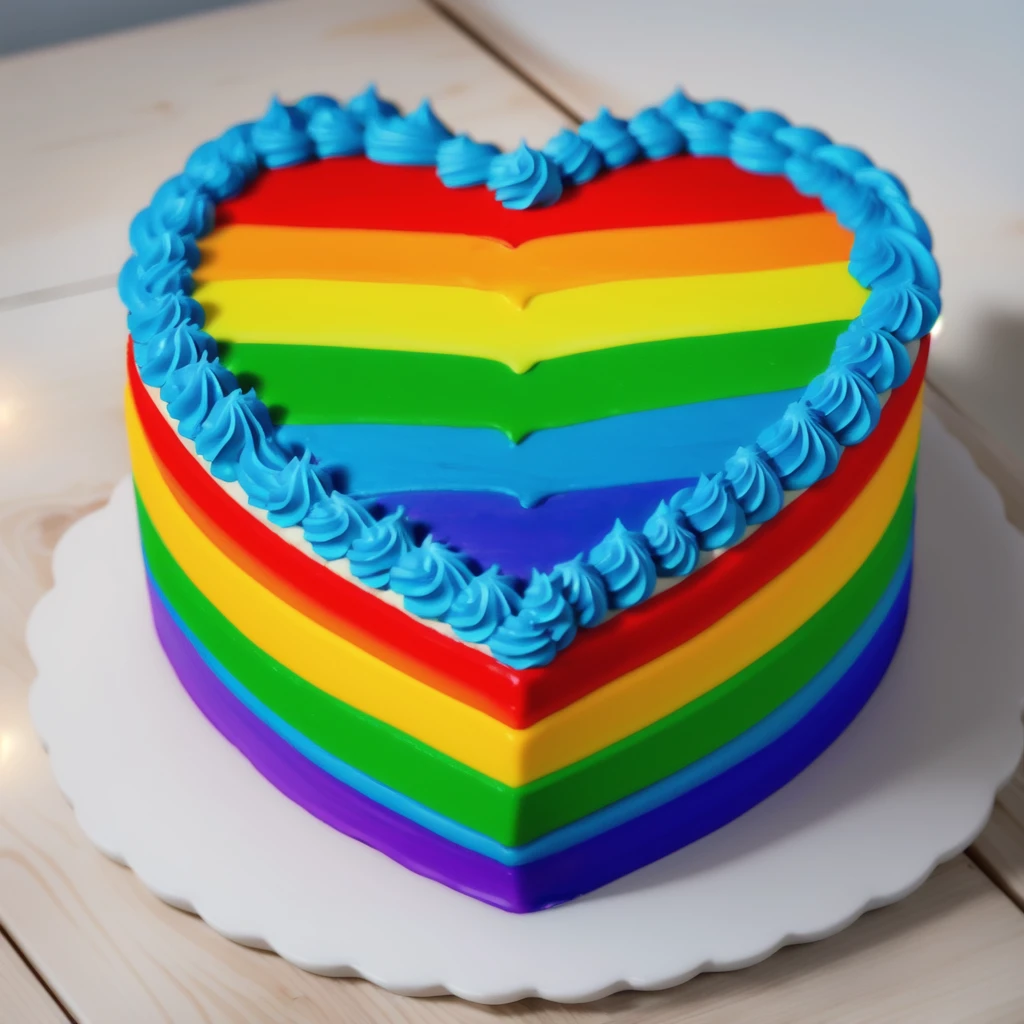 on a wooden table, worth a heart shaped cake, rainbow gradient cream cake, Cream cake , cream texture, Realistic style, realistic texture, bright lighting, high quality, detailed texture, Beautiful light from the window, beautiful lighting, high detail,  ultra 4k hd, bright lighting 