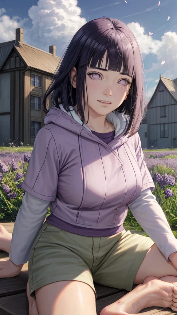 masterpiece, absurdres, hinata\(boruto\), 1girl, solo,mature female, purple hoodie,layered sleeves, brown pants, outdoors,lavender flower field, looking at viewer, (falling petals), cloudy sky, perfect composition, detailed lips, big breast, beautiful face, body propotion, blush, (pink lips), long hair, purple eyes, soft gaze, sad smile, super realistic, detailed, photoshoot, realistic face and body, realistic hair, realistic eyes, realistic nose, realistic lips,barefoot