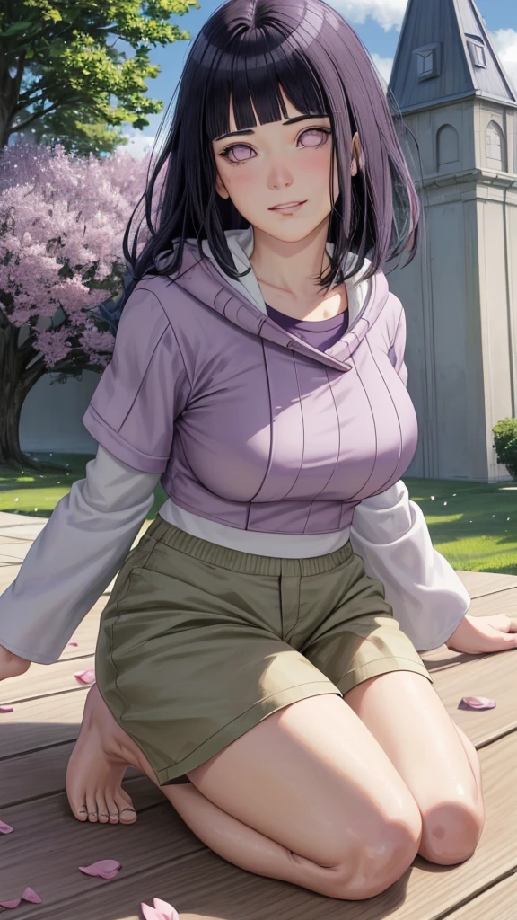 masterpiece, absurdres, hinata\(boruto\), 1girl, solo,mature female, purple hoodie,layered sleeves, brown pants,  outdoors,lavender flower field, looking at viewer, (falling petals), cloudy sky, perfect composition, detailed lips, big breast, beautiful face, body propotion, blush, (pink lips), long hair,  purple eyes,  soft gaze, sad smile,  super realistic, detailed, photoshoot, realistic face and body,  realistic hair, realistic eyes, realistic nose, realistic lips,barefoot