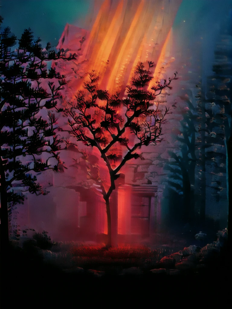 a red light shines on a tree in the dark forest at night time with a red light shining on the tree, Filip Hodas, octane renderer, a 3D render, neo-romanticism cinematic lighting, David Park, lights,
