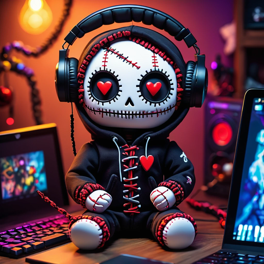 (knitted toy voodoo doll:1.5), (Voodoo Playing Computer Games:1.3), (Clothing: casual hoodie:1.0), (Accessories: gaming headset, keyboard:1.1), (background: cozy gaming setup with floating pixels, glowing monitors, and intense focus:1.2), best quality, masterpiece, detailed soft oil painting, detailed background, dramatic cinematic lighting, soft edge lighting, professional, dramatic lighting, hard edge lighting, ultra quality, 4k,masterpiece, best quality, 8k, ultra highres, highres, extremely detailed