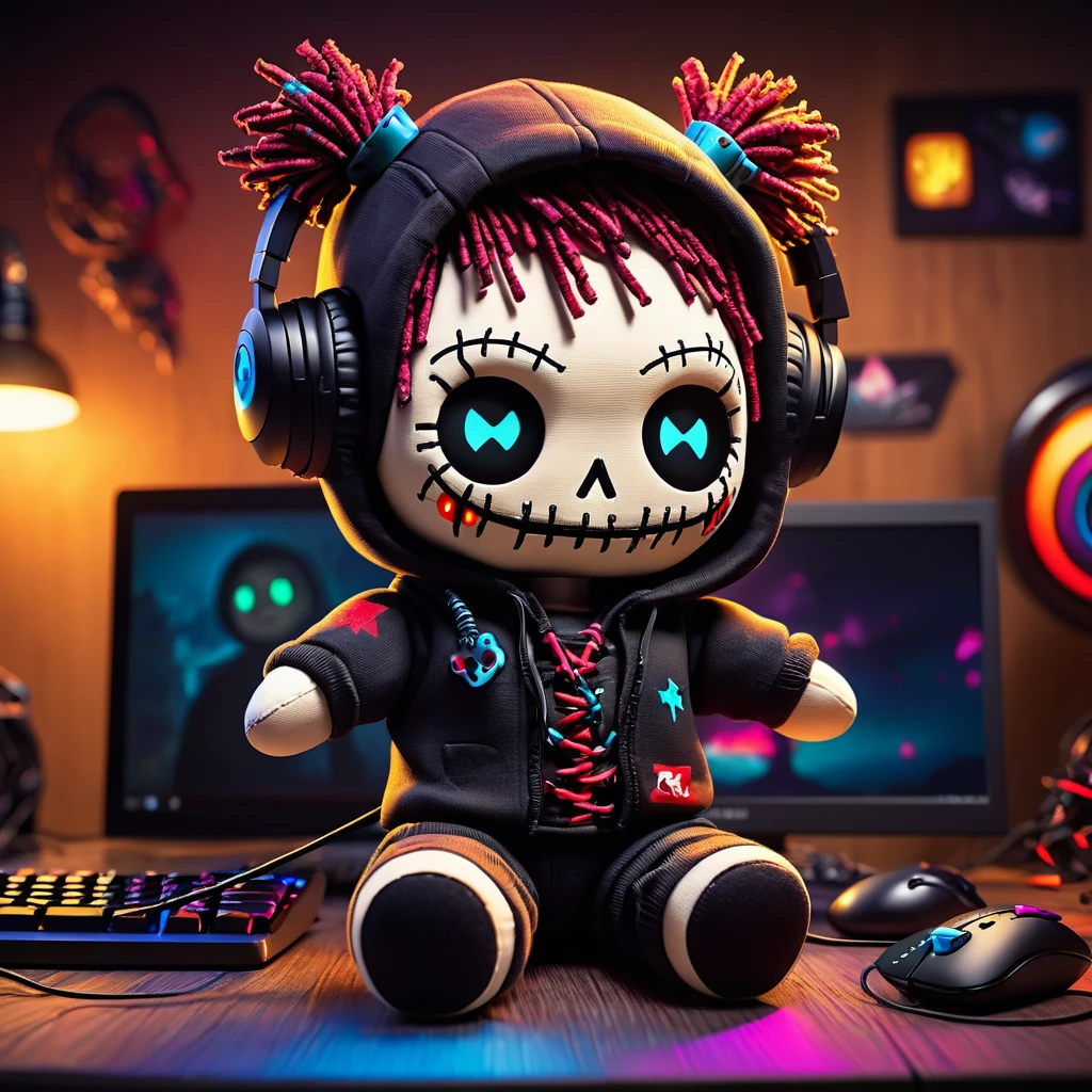 (knitted toy voodoo doll:1.5), (Voodoo Playing Computer Games:1.3), (Clothing: casual hoodie:1.0), (Accessories: gaming headset, keyboard:1.1), (background: cozy gaming setup with floating pixels, glowing monitors, and intense focus:1.2), best quality, masterpiece, detailed soft oil painting, detailed background, dramatic cinematic lighting, soft edge lighting, professional, dramatic lighting, hard edge lighting, ultra quality, 4k,masterpiece, best quality, 8k, ultra highres, highres, extremely detailed