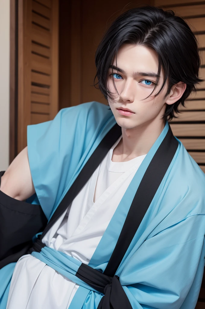 A white boy with a cute face and black hair and light blue eyes with a full black haori and a nichirin on his waist