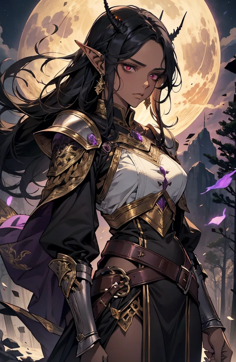 brown skin, older woman, sexy, tall, brown skin, bored, one wing, black hair, elf, elf ears, horns, red eyes, sleeveless, black armor, yellow, night, moon, purple forest, dramatic composition