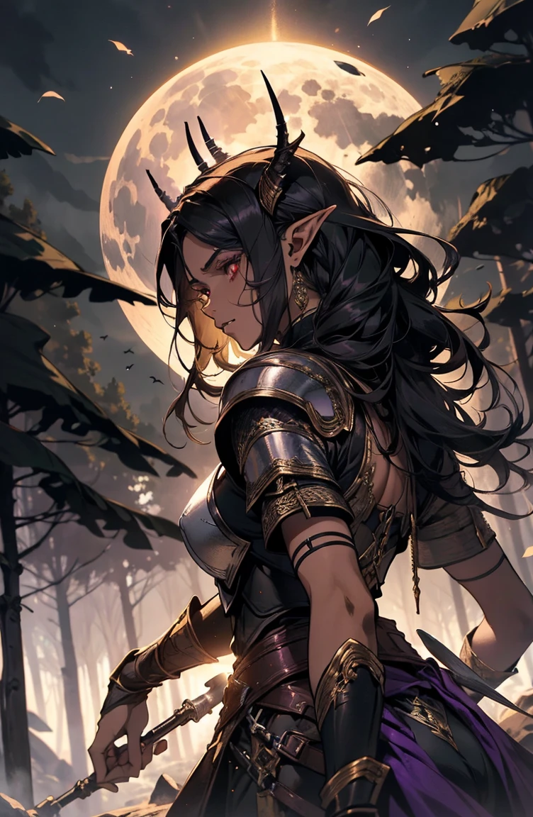 brown skin, older woman, sexy, tall, brown skin, bored, one wing, black hair, elf, elf ears, horns, red eyes, sleeveless, black armor, yellow, night, moon, purple forest, dramatic composition