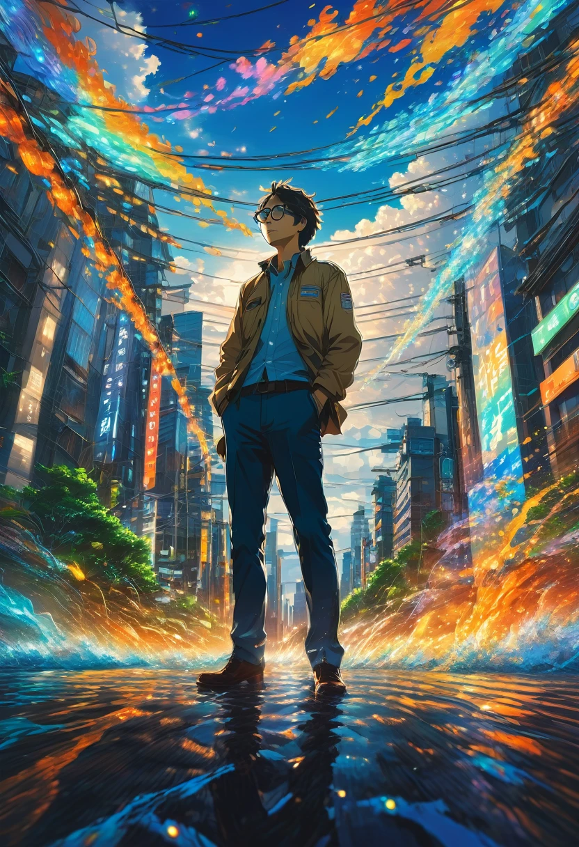 Wearing Glasses, full body, by Makoto Shinkai and Makoto Niitsu, dramatic composition, cinematic dynamic action scene, vibrant colors, cinematic lighting, dramatic lighting, best quality, masterpiece, very aesthetic, perfect composition, intricate details, ultra-detailed