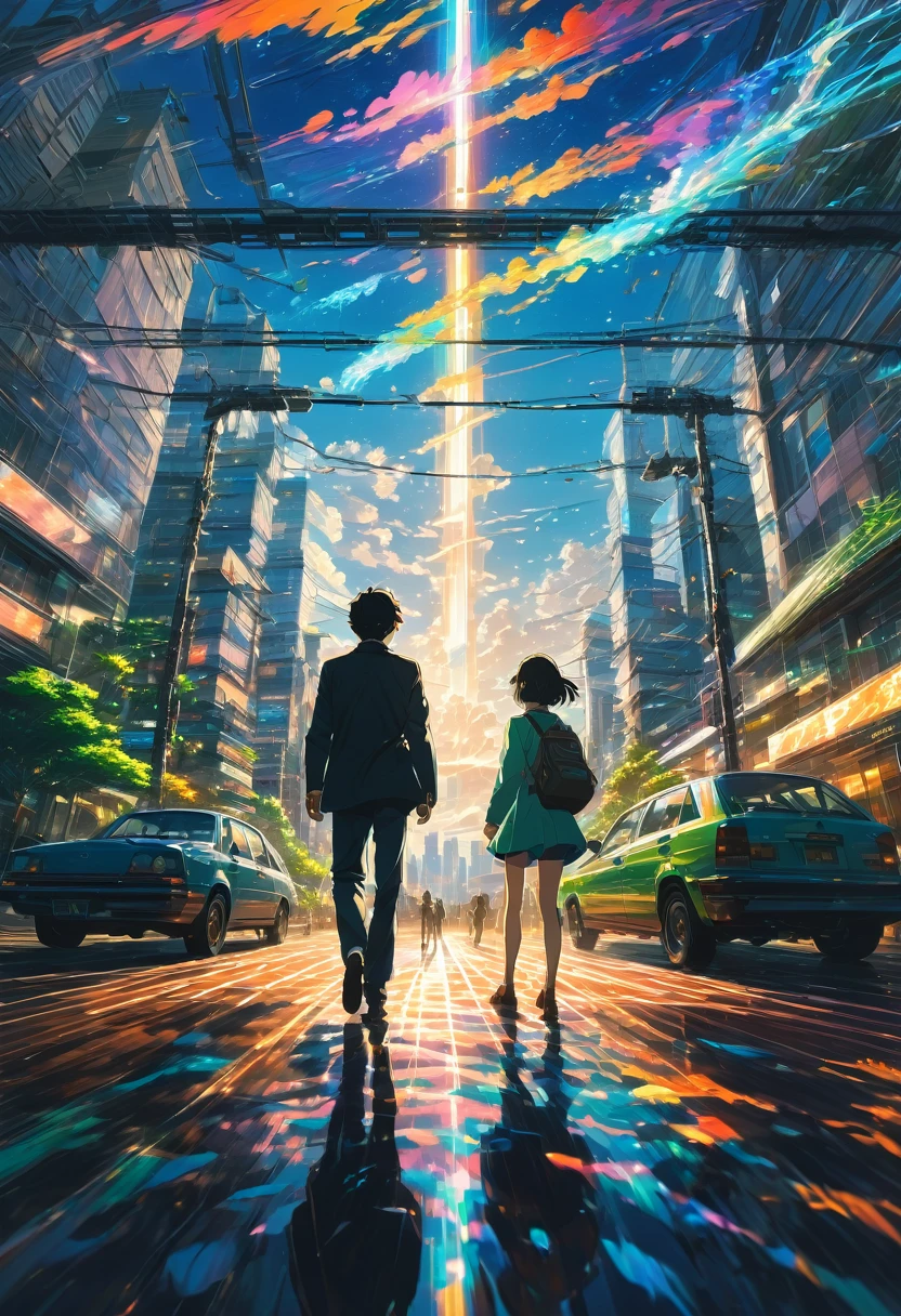 Wearing Glasses, full body, by Makoto Shinkai and Makoto Niitsu, dramatic composition, cinematic dynamic action scene, vibrant colors, cinematic lighting, dramatic lighting, best quality, masterpiece, very aesthetic, perfect composition, intricate details, ultra-detailed