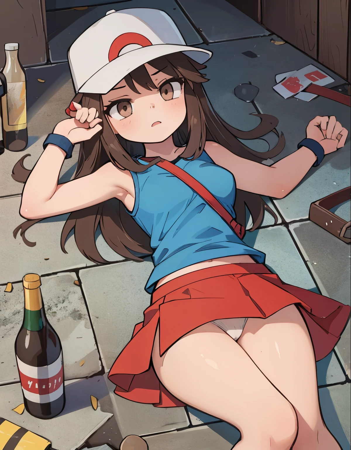 a drunk girl lying on the floor, she has a bottle in her hand, trainerleaf1, sleeveless shirt, black wristbands, visible thighs, thick thighs, white panties, red skirt,blue shirt, brown eyes, white hat, innocent look, his expression reflects drunkenness, she is in a sewer