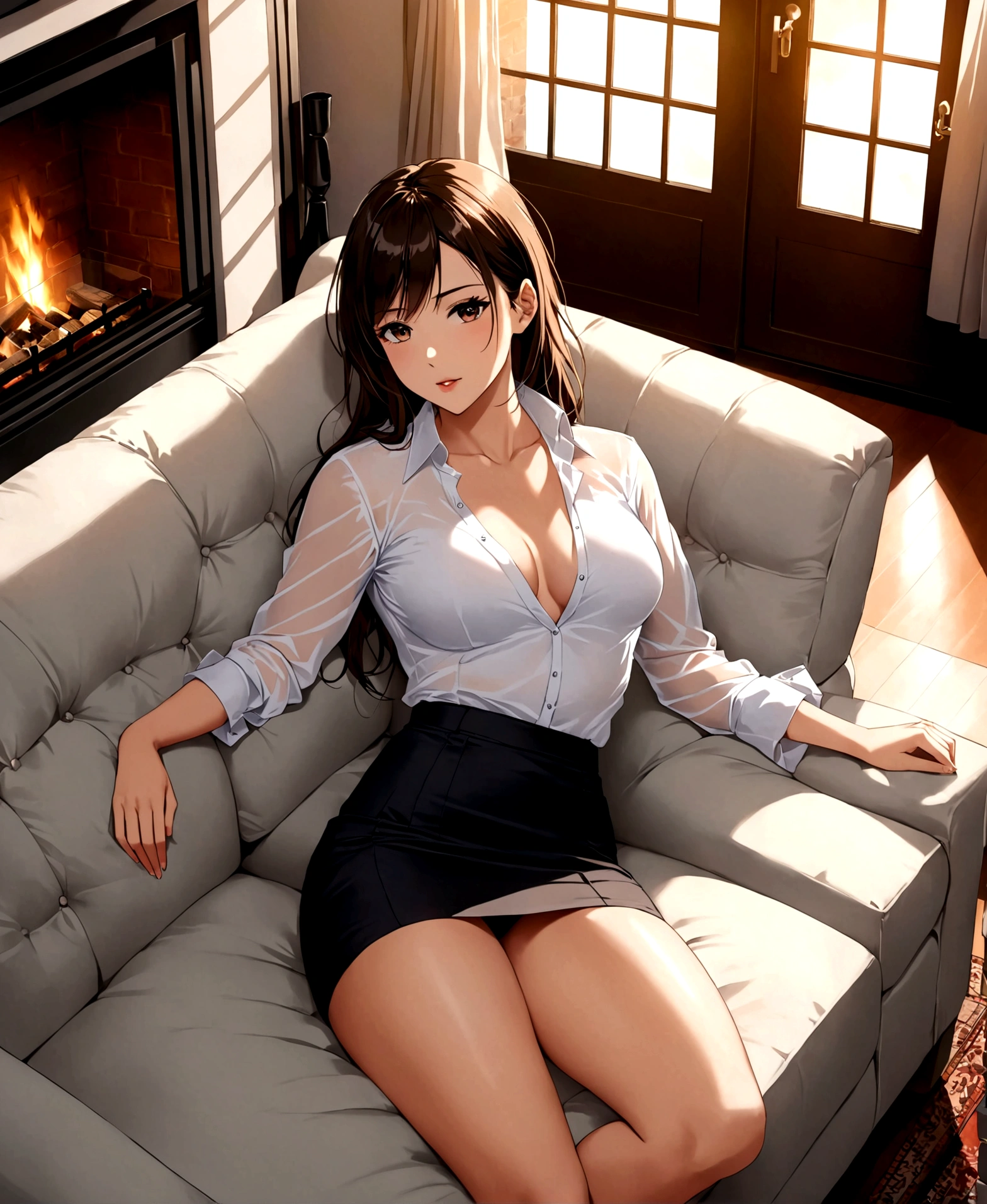 A beautiful woman, fitness body, wide hips, wide waist, hourglass athletic body, medium breasts, office clothes, miniskirt, translucent white blouse completely unbuttoned, at home, in the living room, lying on an armchair, head resting on a pillow, aerial view, top focus, sunset, fireplace in the background,